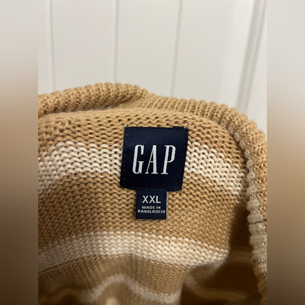GAP 24/7 Split Hem Turtleneck Sweater 2X Camel Stripe Tan Cream Oversized Chunky - Picture 6 of 8